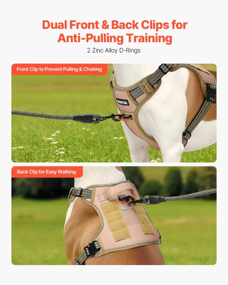 Tan and black tactical no pull heavy duty adjustable dog harness vest with dual zinc alloy d-rings for training use