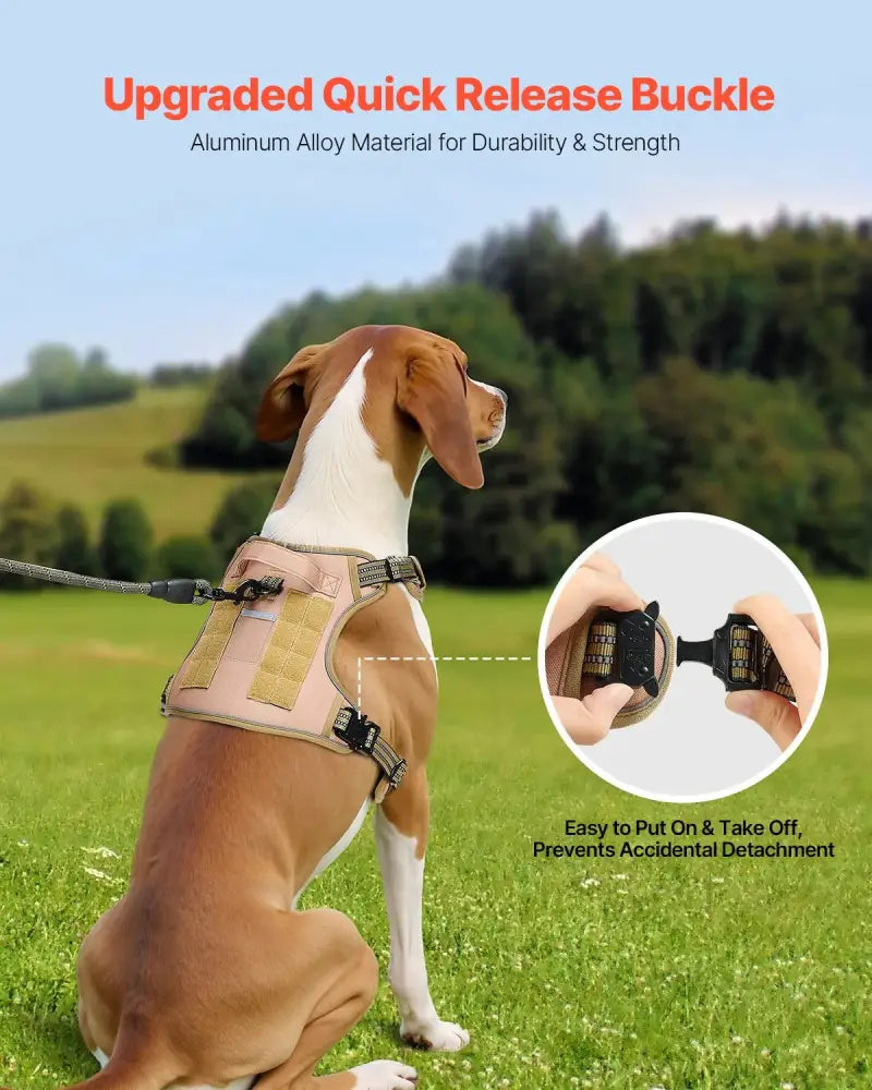 Pink tactical no pull dog harness with tan webbing and black aluminum alloy quick release buckle for heavy duty use