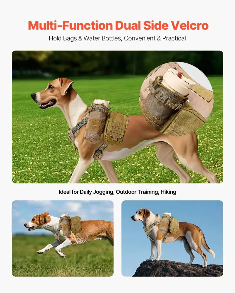 Tan tactical no pull heavy duty adjustable dog harness vest shown from the back with dual side velcro pockets for bags and bottles