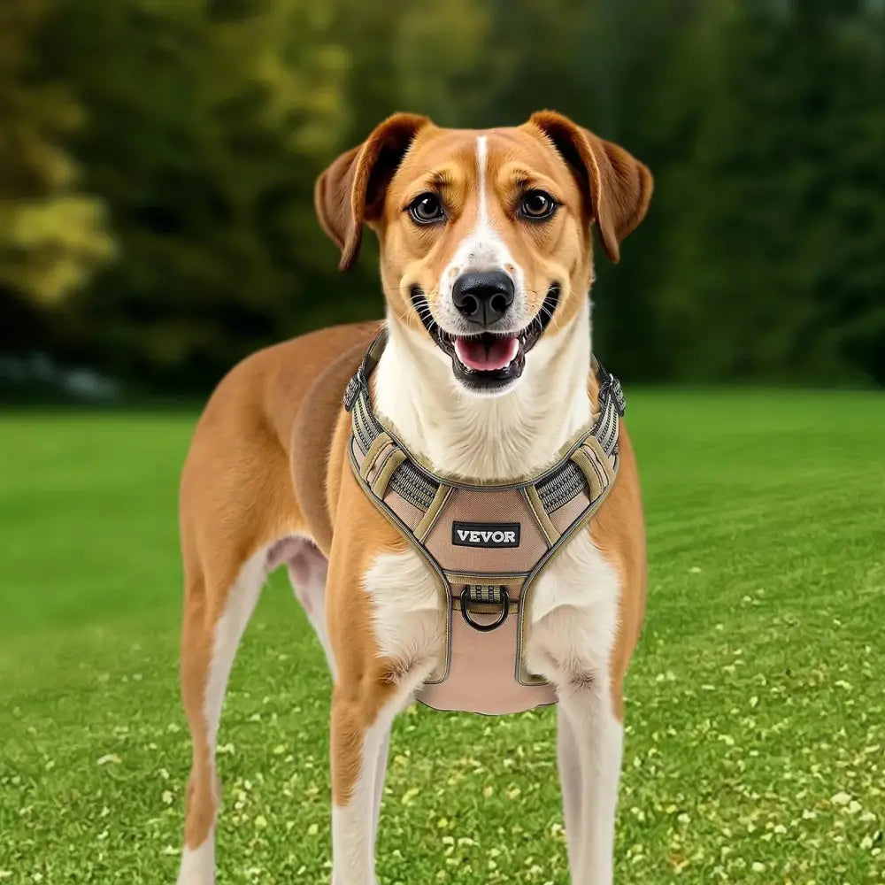 Tan and black vevor tactical no pull heavy duty adjustable dog harness vest with central buckle and adjustable straps