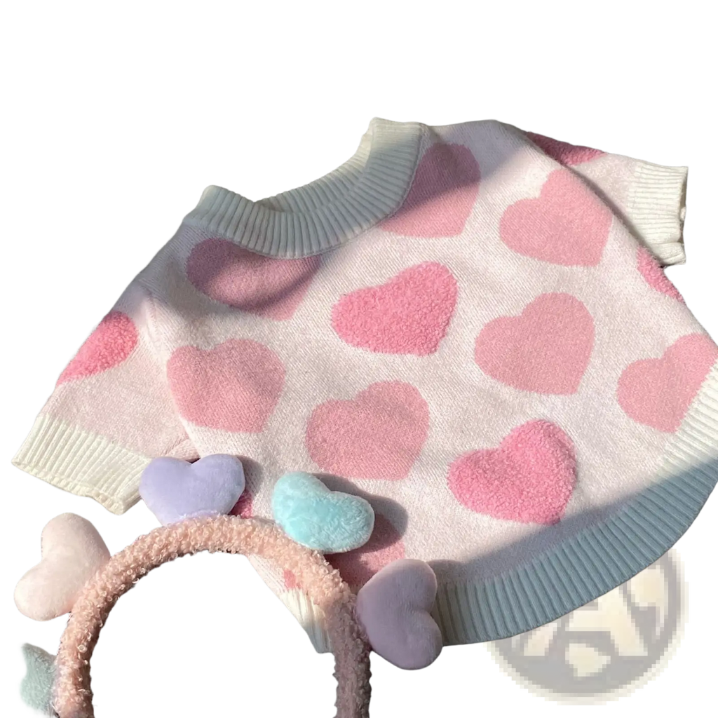 Dog heart knit sweater winter pet apparel featuring soft pink and white knit with fluffy pastel 3d hearts