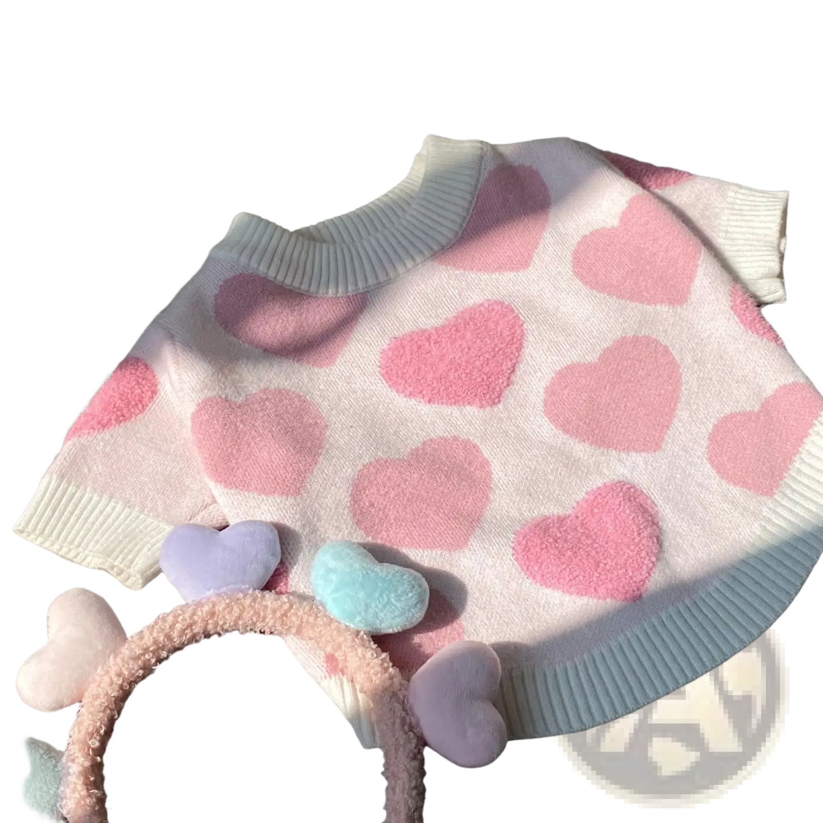 Dog heart knit sweater winter pet apparel featuring soft pink and white knit with fluffy pastel 3d hearts