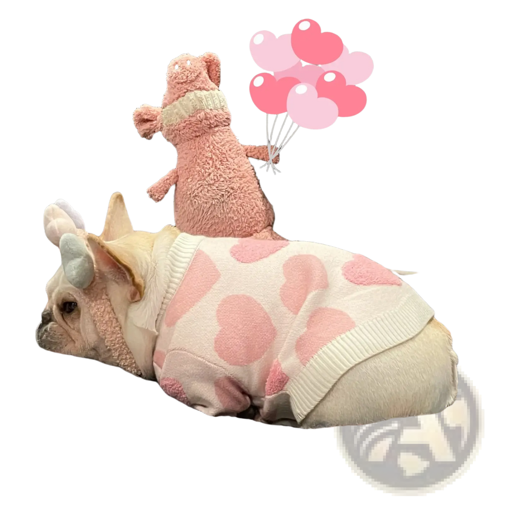 A cream-colored french bulldog wearing a pink heart knit sweater with light gray bunny ears for winter pet apparel