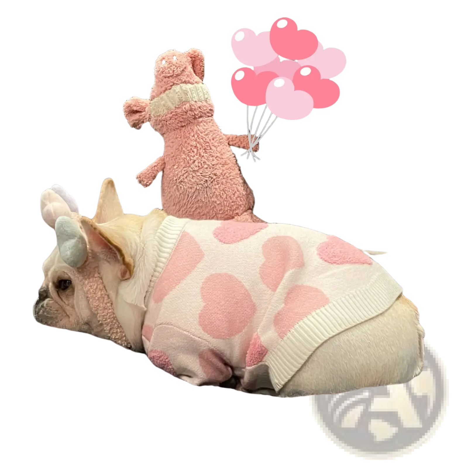 A cream-colored french bulldog wearing a pink heart knit sweater with light gray bunny ears for winter pet apparel