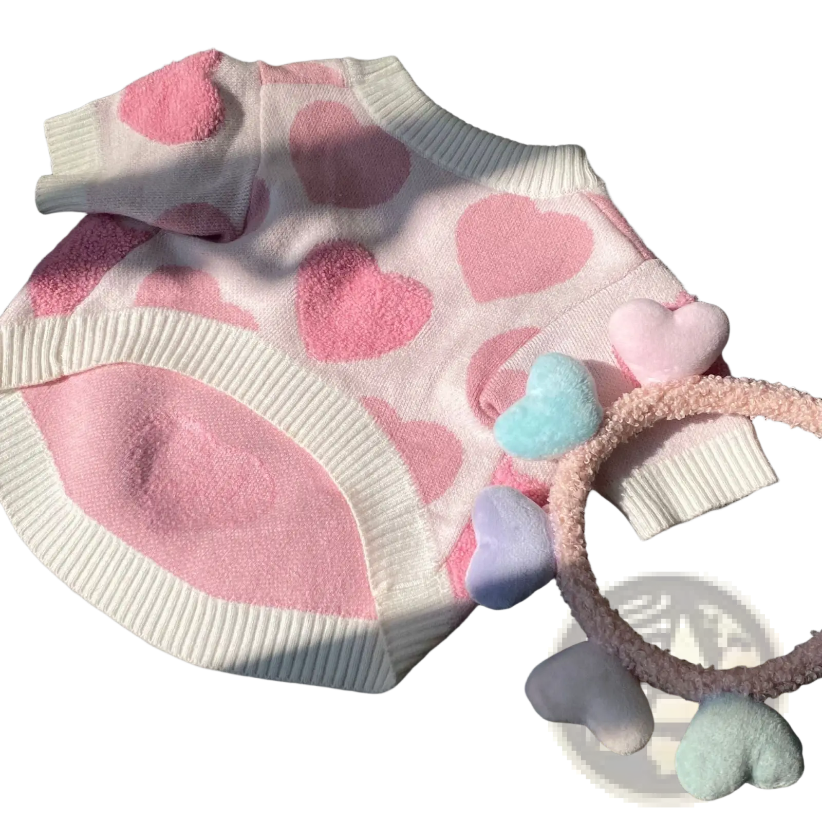 Dog heart knit sweater winter pet apparel in pink and white with plush three-dimensional heart patterns on the front
