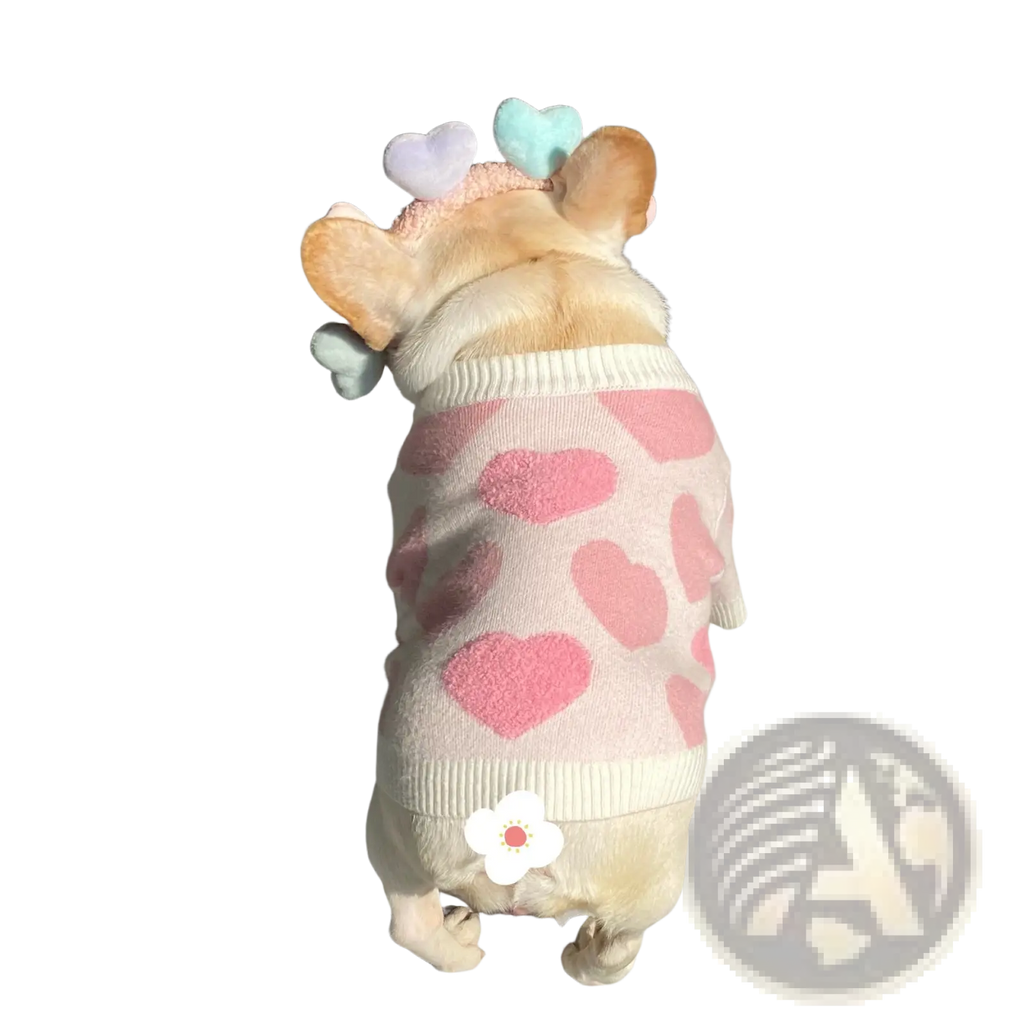 Dog heart knit sweater soft pink with plush heart patterns and white ribbed neckline winter pet apparel