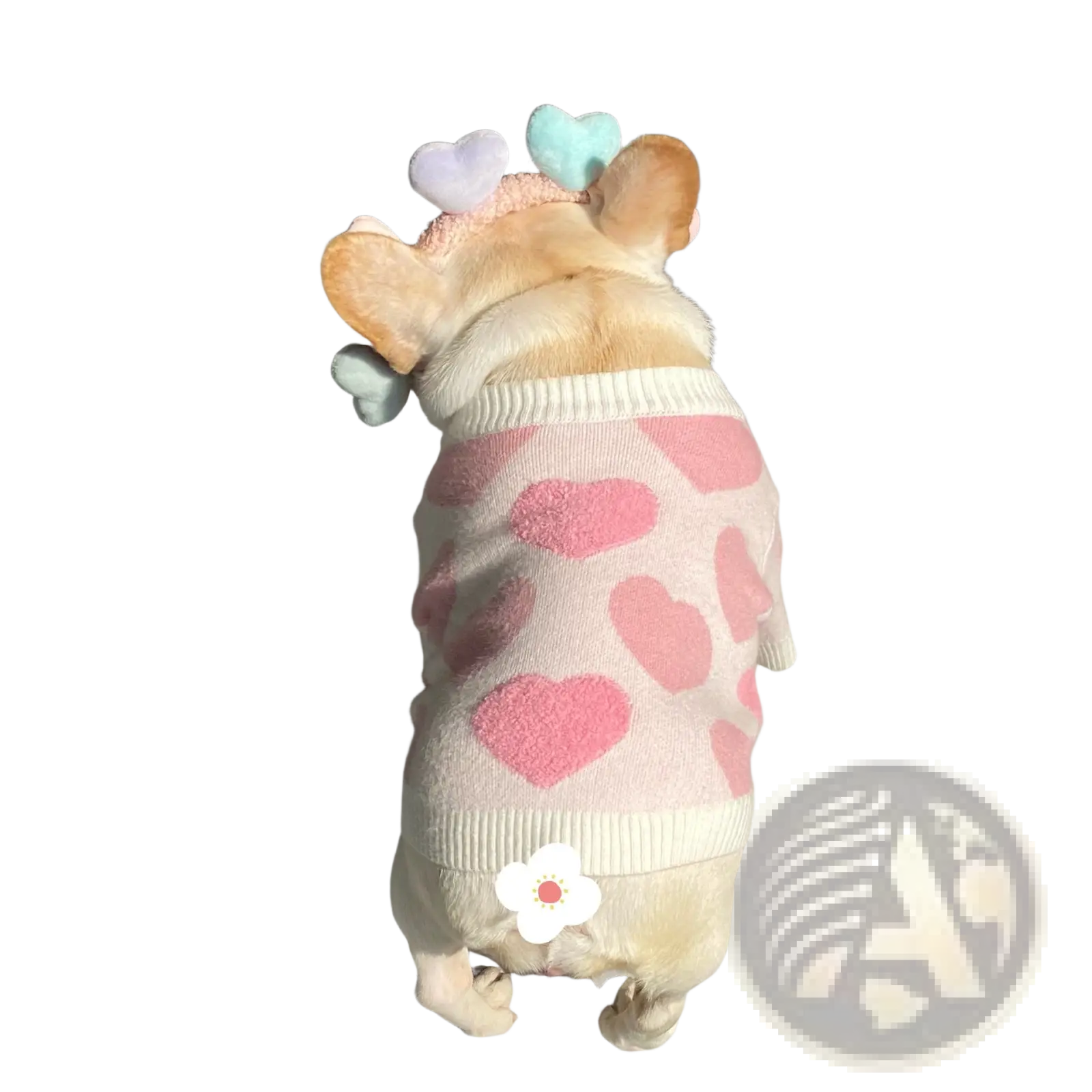 Dog heart knit sweater soft pink with plush heart patterns and white ribbed neckline winter pet apparel