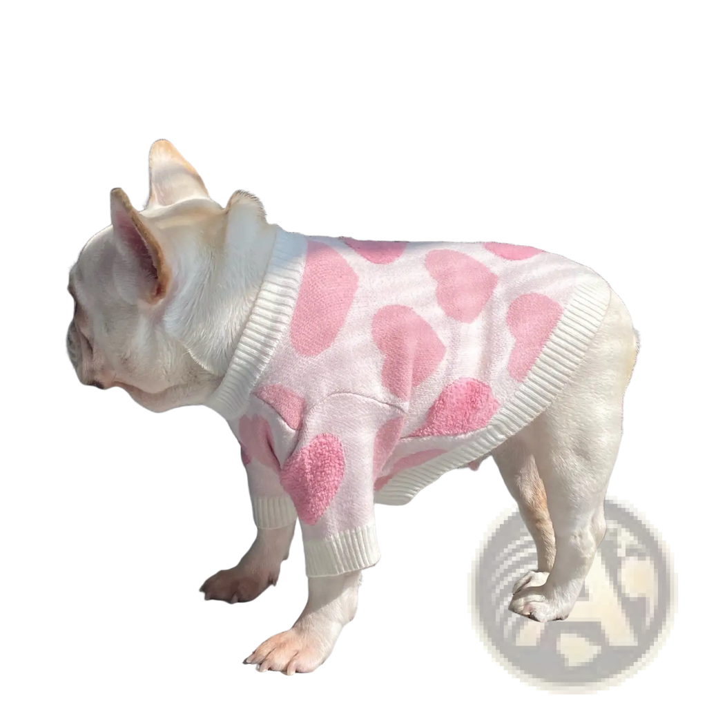 A soft white knit dog heart sweater with pink patterns on a french bulldog for winter pet apparel