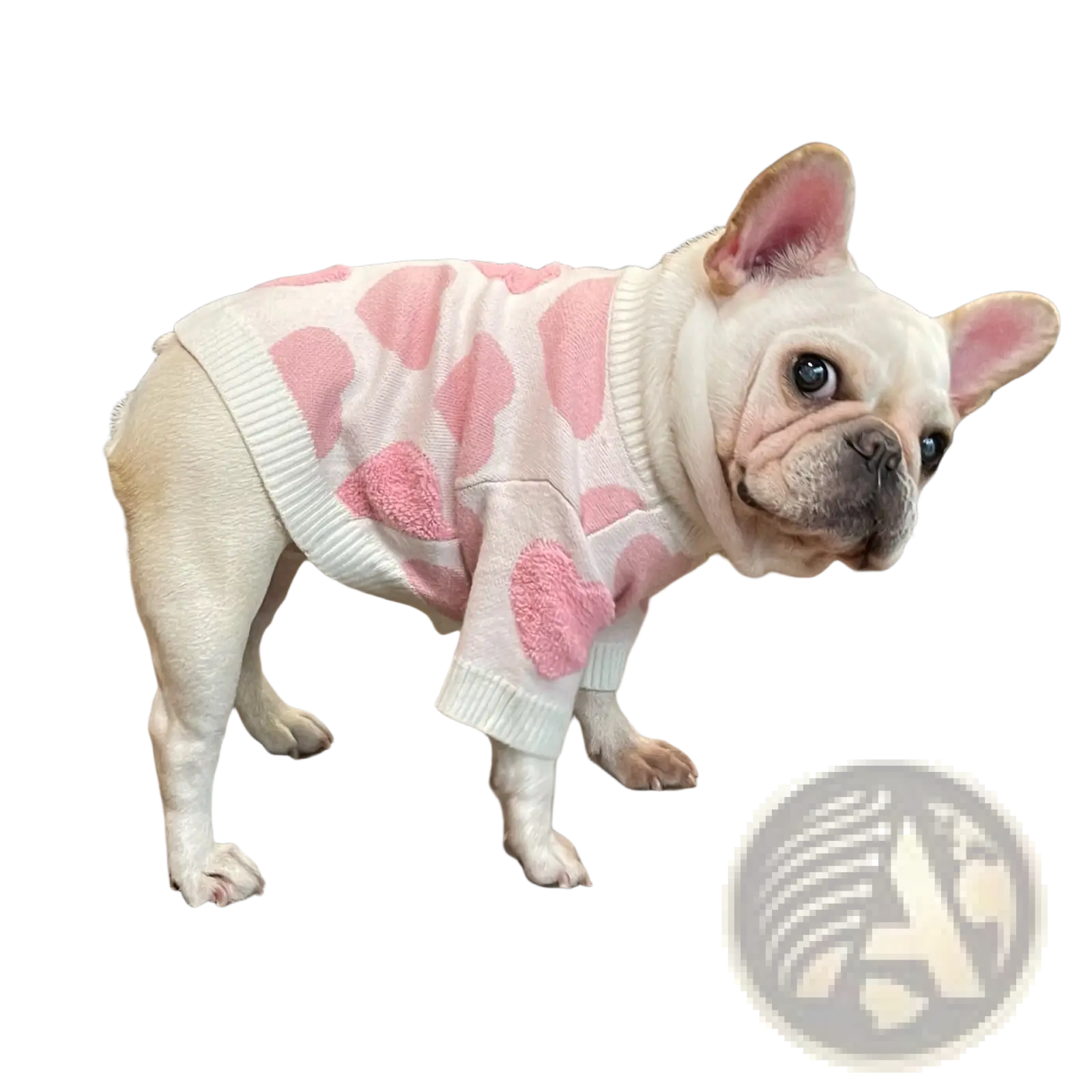 A white french bulldog wearing a pink heart-patterned knit dog heart knit sweater for winter pet apparel