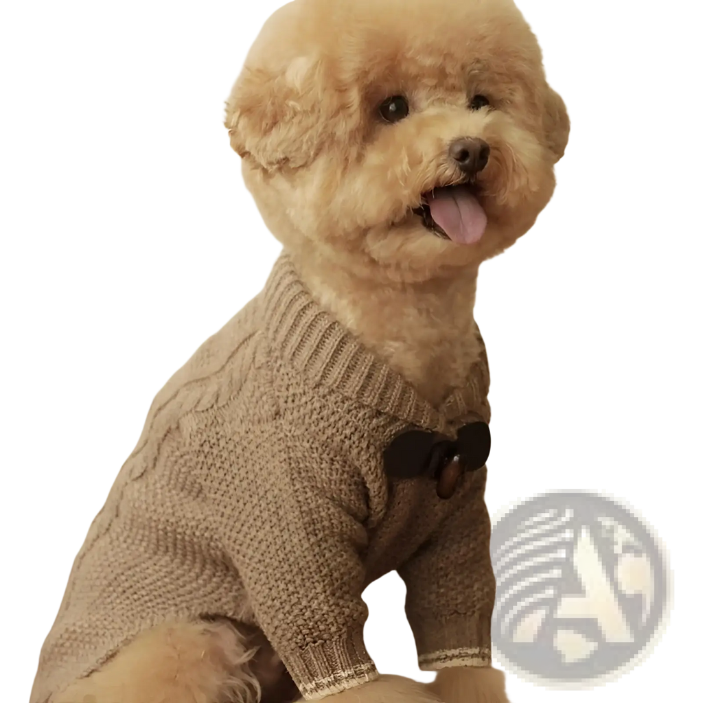 A fluffy tan poodle wearing a beige knitted dog sweater with a black bow tie for pet winter apparel