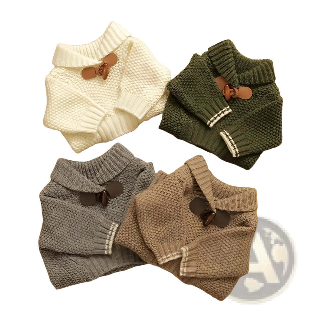 Four knitted dog sweaters in cream olive green gray and beige with ribbed collar white trim and button closure for winter