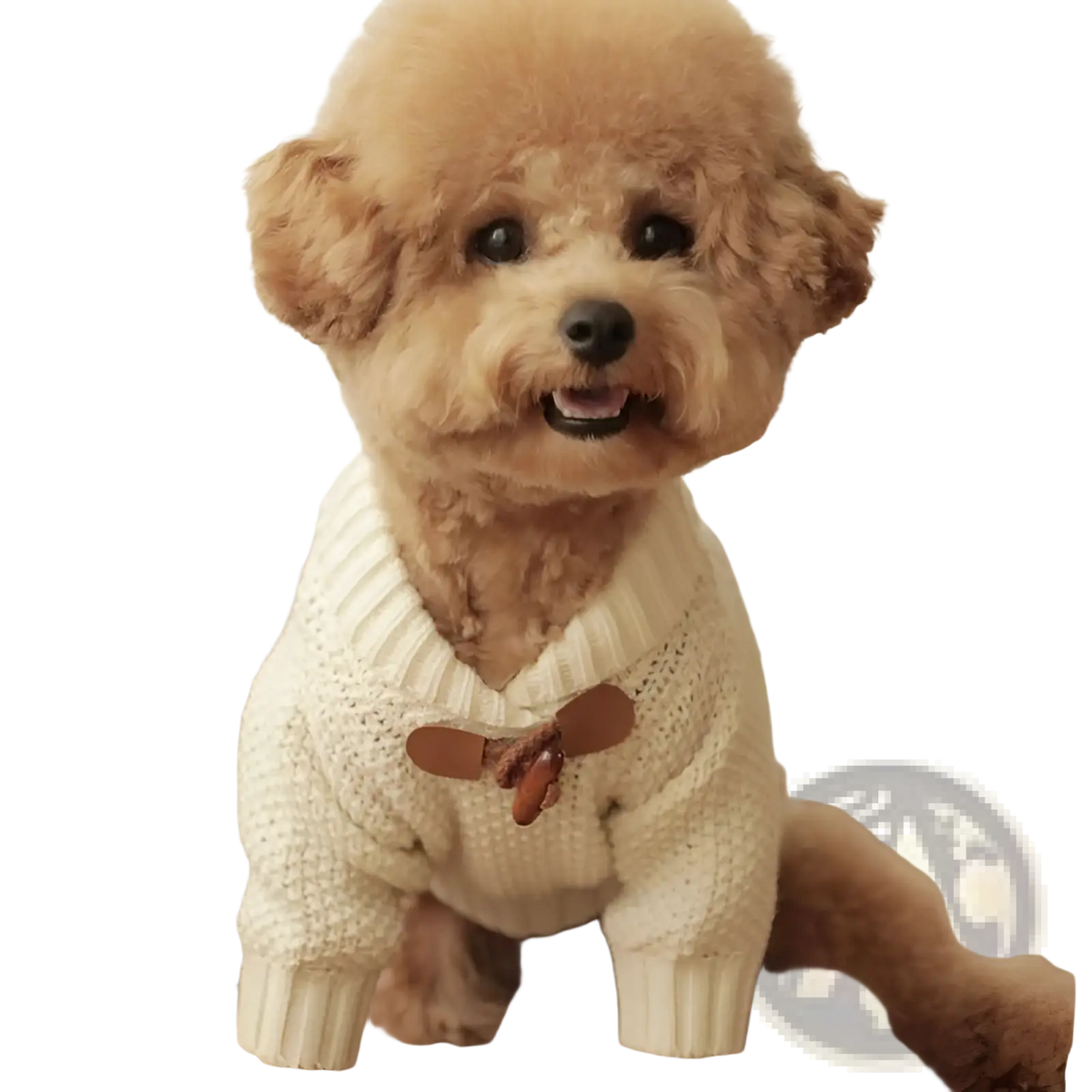 Cream-colored knitted dog sweater with brown leather bow at front pet winter apparel for cold weather use