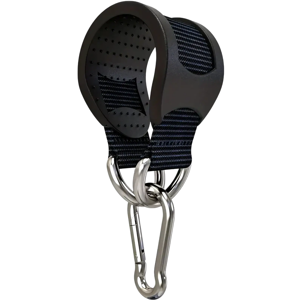 Black rubber-coated webbing dog leash with heavy duty rubber grip suspension strap metal carabiner and d-ring attachment