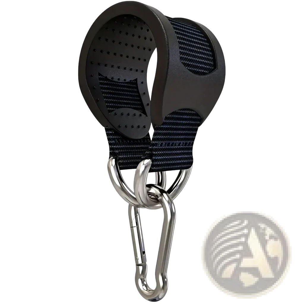 Black rubber-coated webbing dog leash with heavy duty rubber grip suspension strap metal carabiner and d-ring attachment