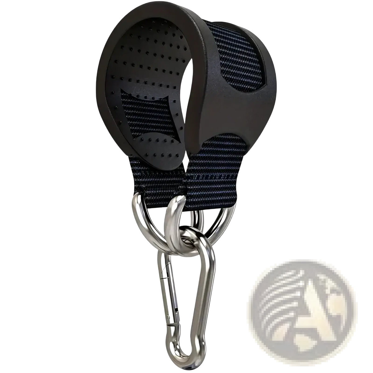 Black rubber-coated webbing dog leash with heavy duty rubber grip suspension strap metal carabiner and d-ring attachment