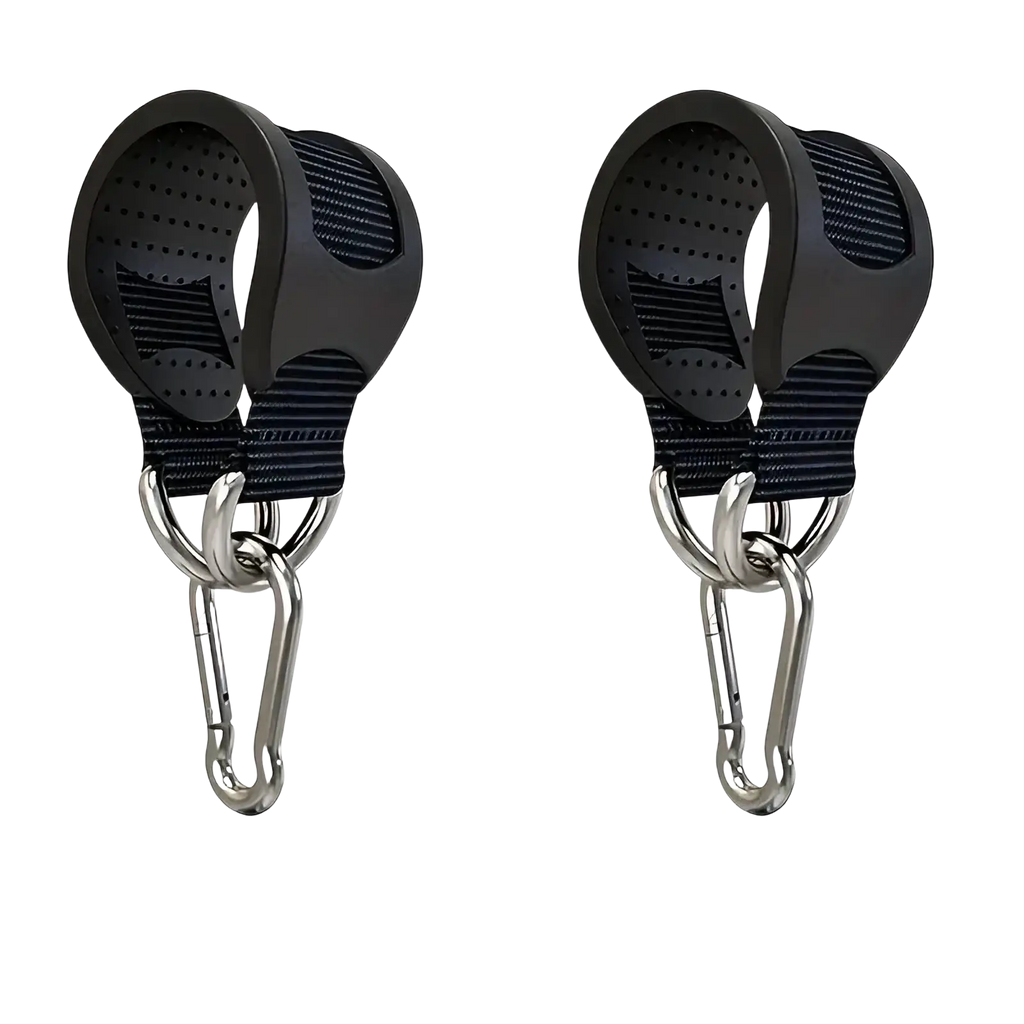 Black fabric strap clips with metal carabiner hooks on dog leash heavy duty rubber grip suspension strap