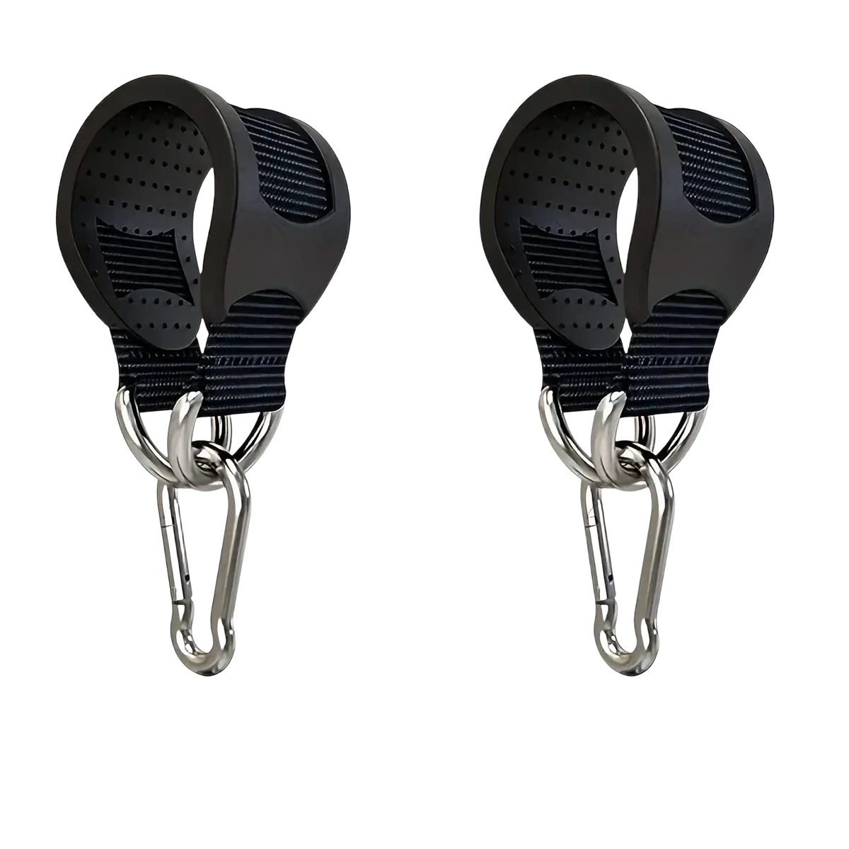 Black fabric strap clips with metal carabiner hooks on dog leash heavy duty rubber grip suspension strap