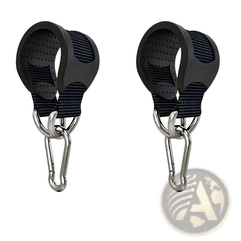 Black fabric strap clips with metal carabiner hooks on dog leash heavy duty rubber grip suspension strap