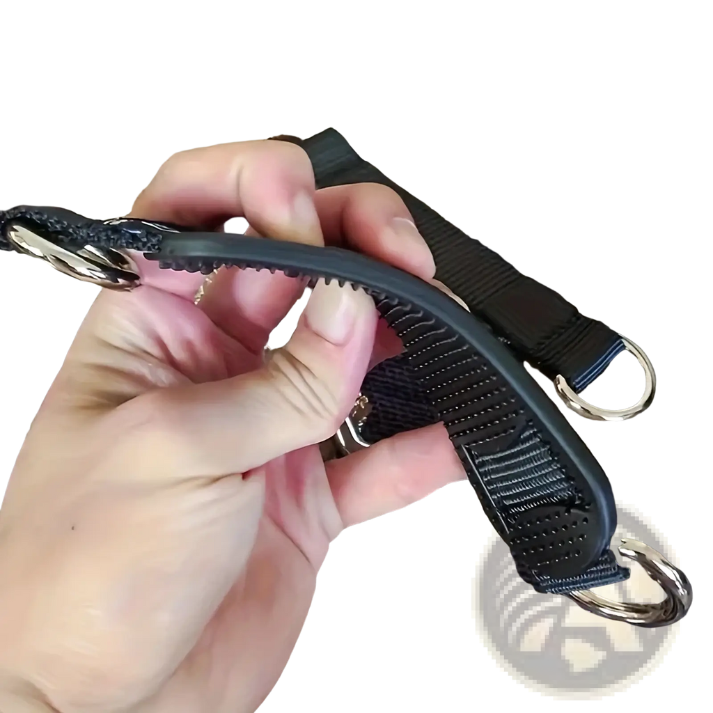 Black nylon dog leash with heavy duty rubber grip and silver metal hardware for secure suspension strap use
