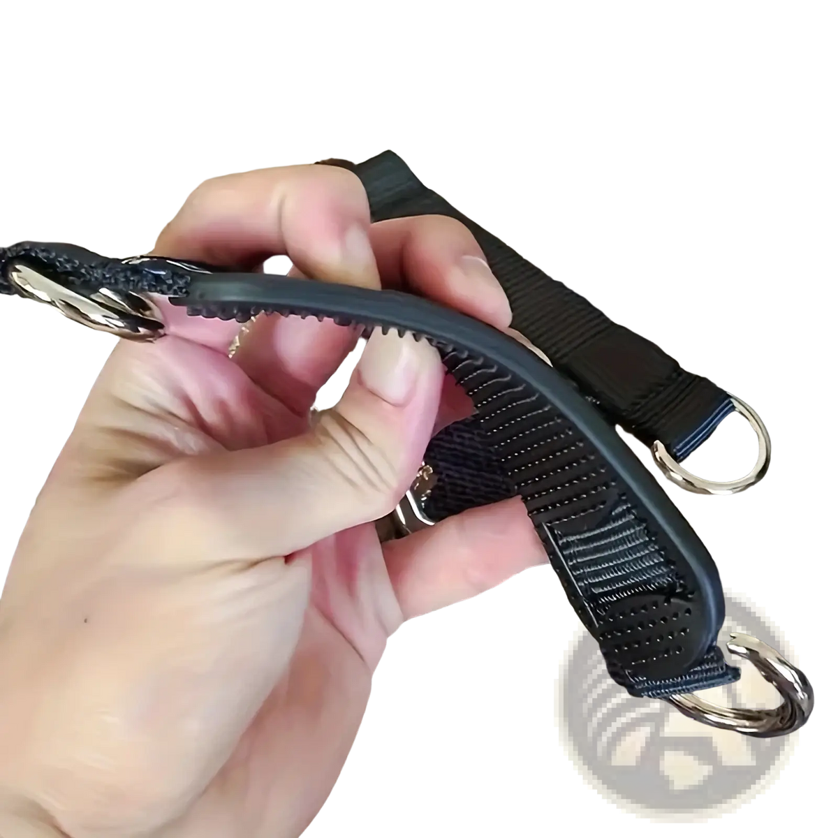 Black nylon dog leash with heavy duty rubber grip and silver metal hardware for secure suspension strap use