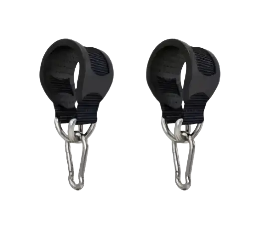 Black heavy duty dog leash with rubberized grip strap and silver metal carabiner clips for secure suspension