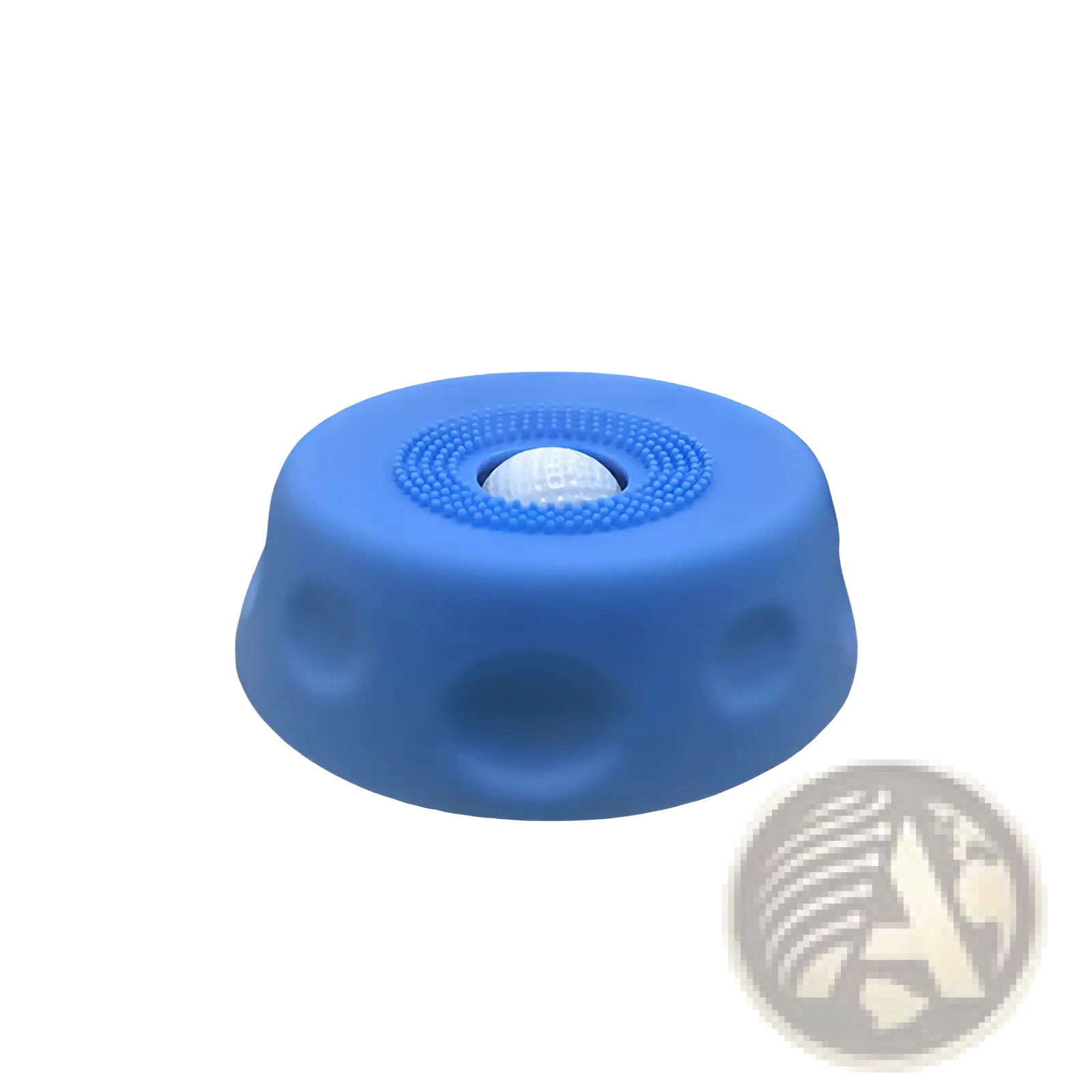 Blue silicone dog lick bowl with rolling ball slow feeder featuring textured bristles and circular indentations