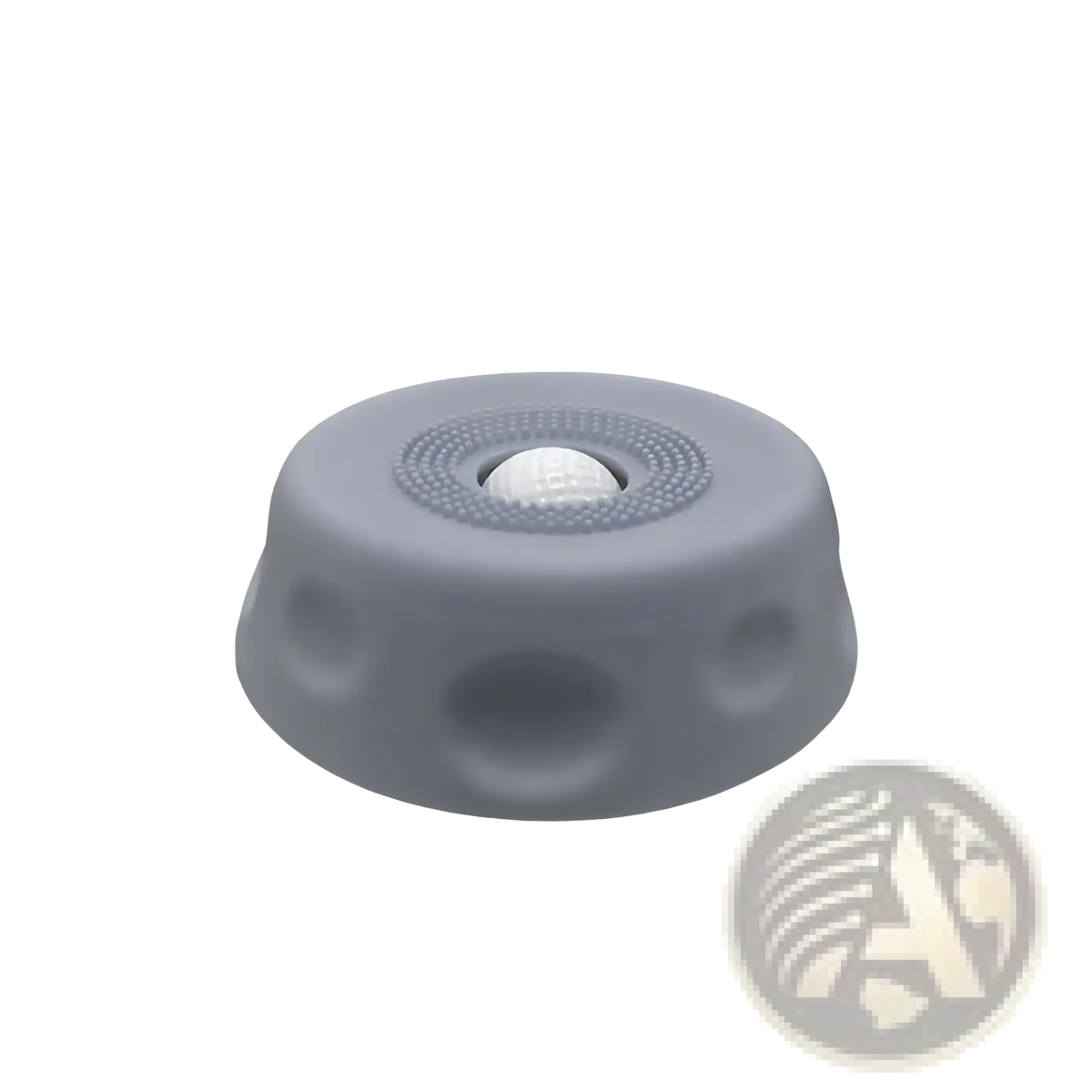 Gray silicone dog lick bowl with rolling ball slow feeder featuring a textured circular top and white massage ball