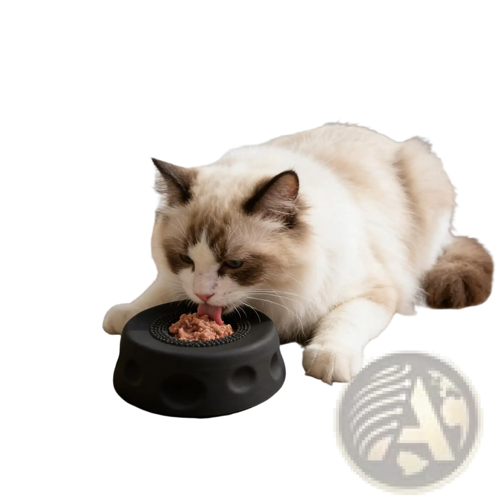 Black textured dog lick bowl with rolling ball slow feeder featuring circular ridged center and rounded base
