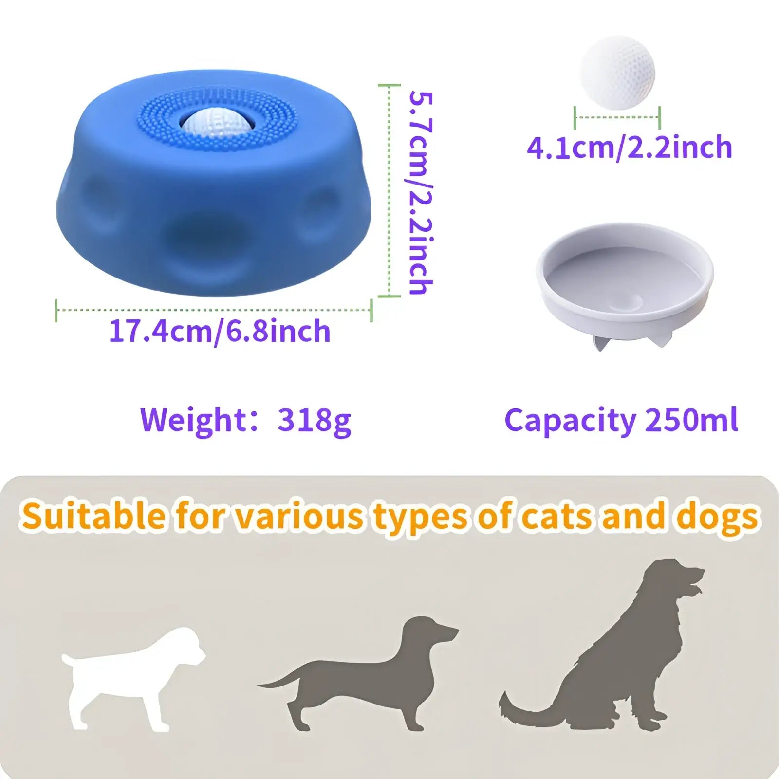 Blue silicone dog lick bowl with rolling ball slow feeder featuring textured surface and rounded edges for pet feeding