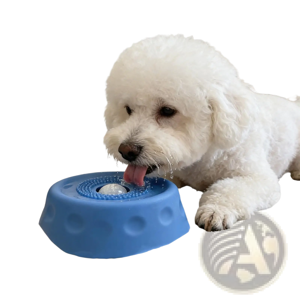 Blue silicone dog lick bowl with textured surface and central rolling ball for slow feeder and water use