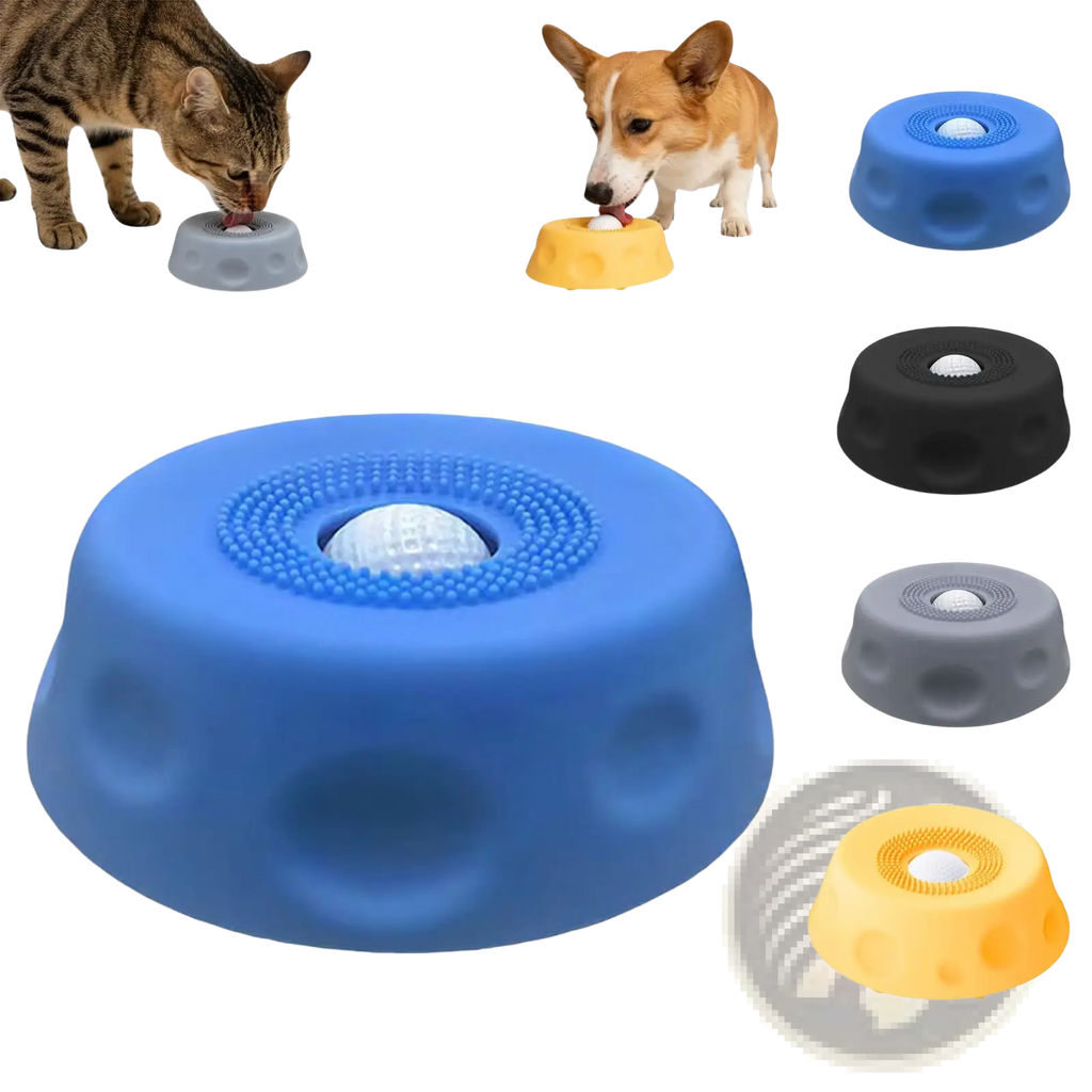 Blue silicone dog lick bowl with rolling ball slow feeder featuring textured surface for interactive pet feeding