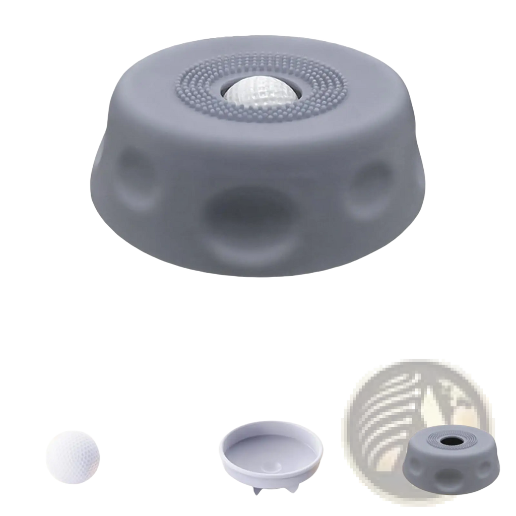 Gray silicone golf ball tee with textured surface and circular indentations for dog lick bowl with rolling ball slow feeder