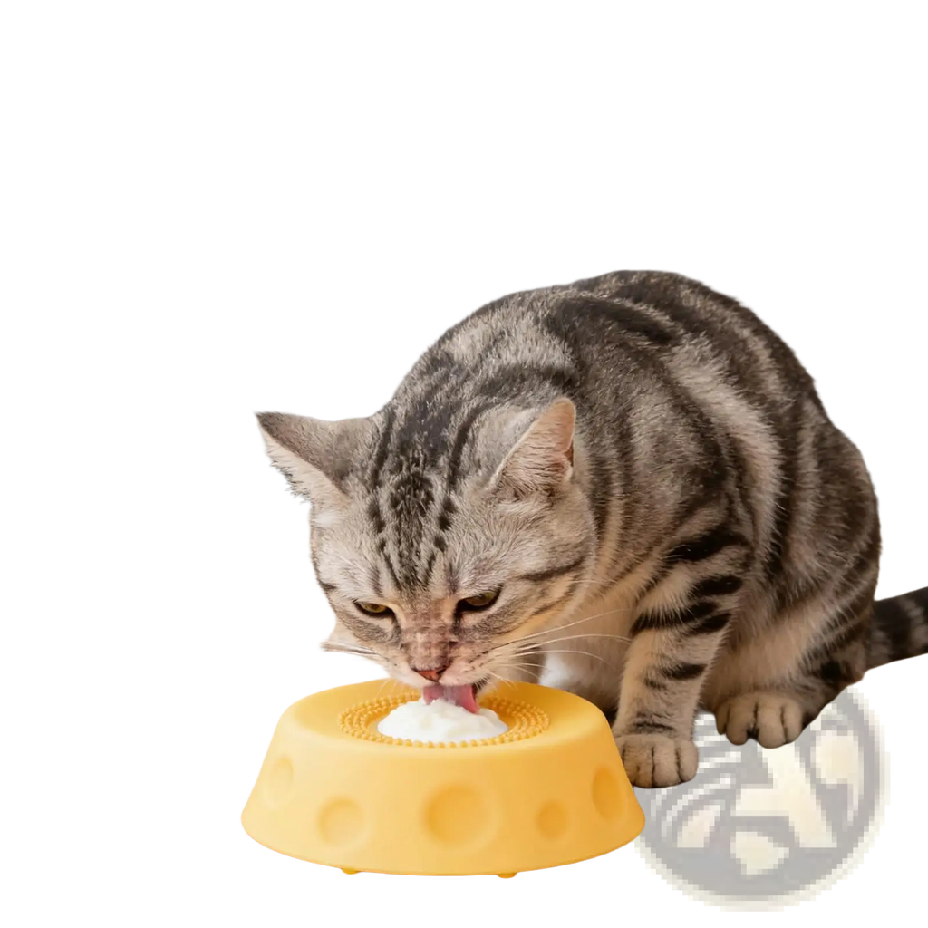 Yellow cheese-shaped dog lick bowl with rolling ball slow feeder designed for controlled pet feeding sessions