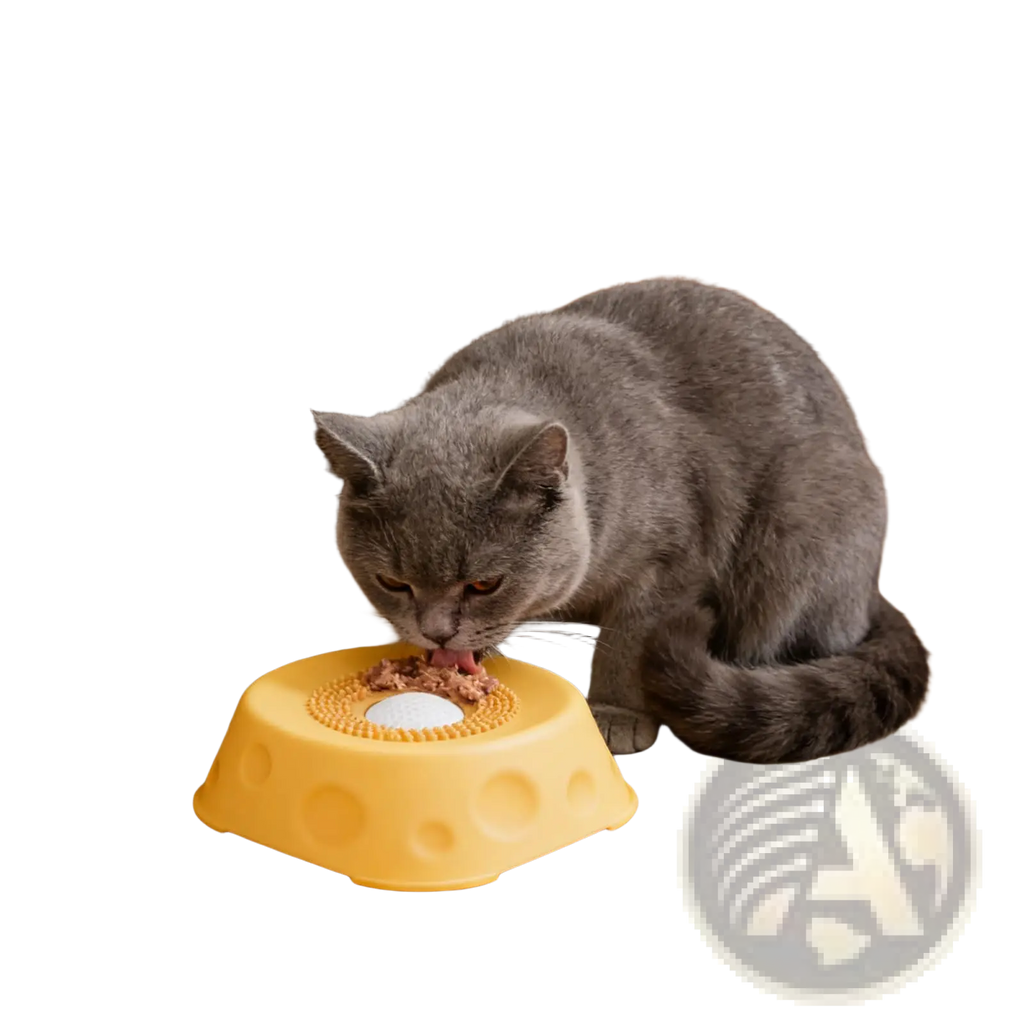 Yellow plastic dog lick bowl with rolling ball slow feeder featuring textured surface and circular indentations
