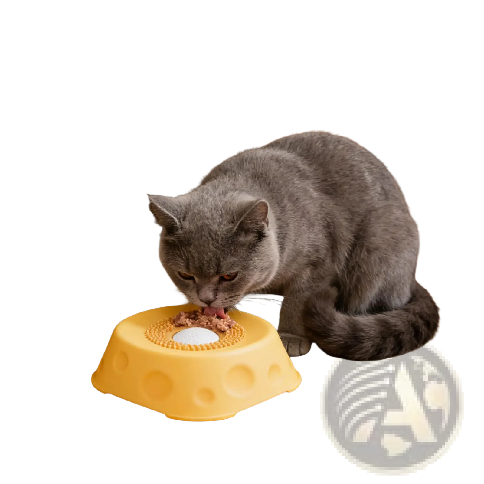 Yellow plastic dog lick bowl with rolling ball slow feeder featuring textured surface and circular indentations