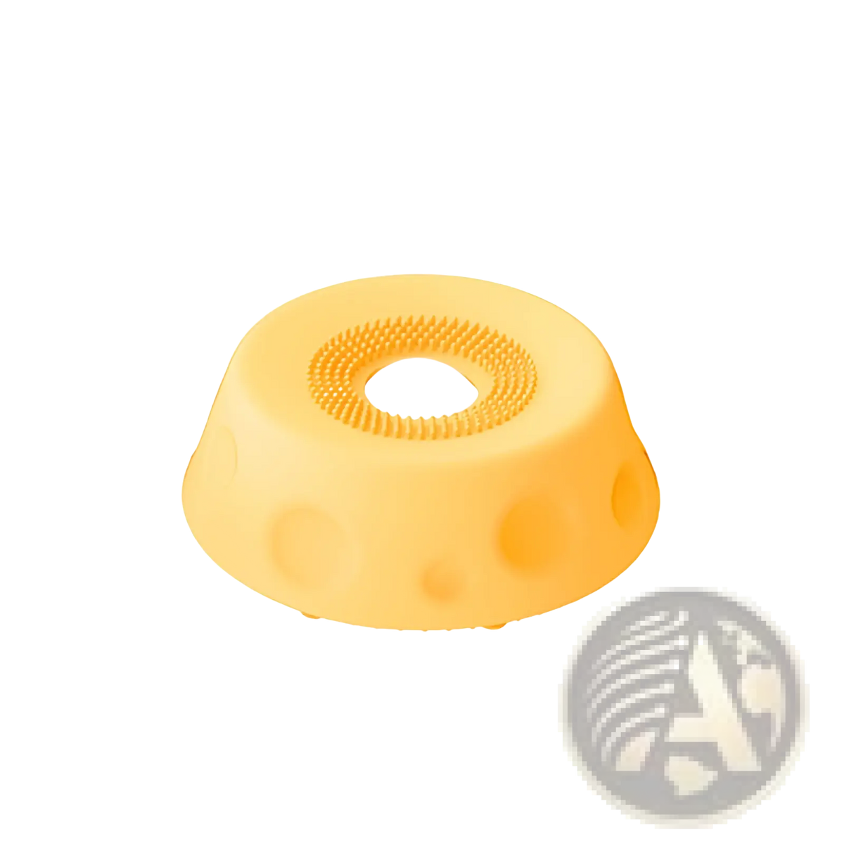 Yellow silicone facial cleansing brush with soft bristles and white circular pad for dog lick bowl with rolling ball slow feeder