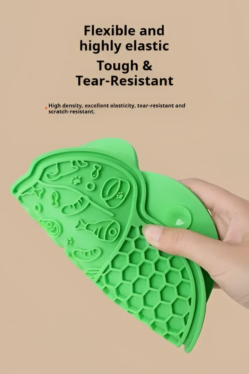 Green silicone dog lick mat slow feeder suction pad with honeycomb texture and embossed fish design for cats