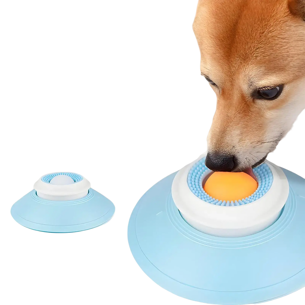 Blue and white dog lick toy interactive slow feeder ball with textured surface for engaging and slow play