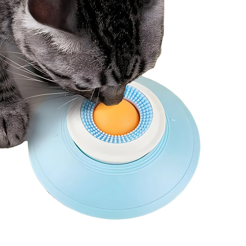 Light blue plastic dog lick toy with a white center ring, orange button, and textured blue bristles for slow feeding