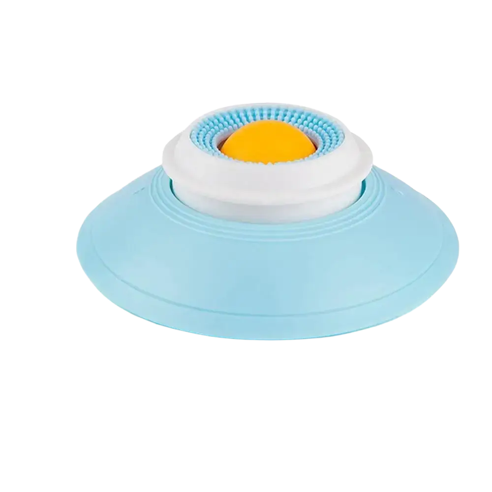 Light blue silicone dog lick toy with a white and yellow circular massage roller for interactive slow feeding