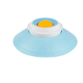 Light blue silicone dog lick toy with a white and yellow circular massage roller for interactive slow feeding
