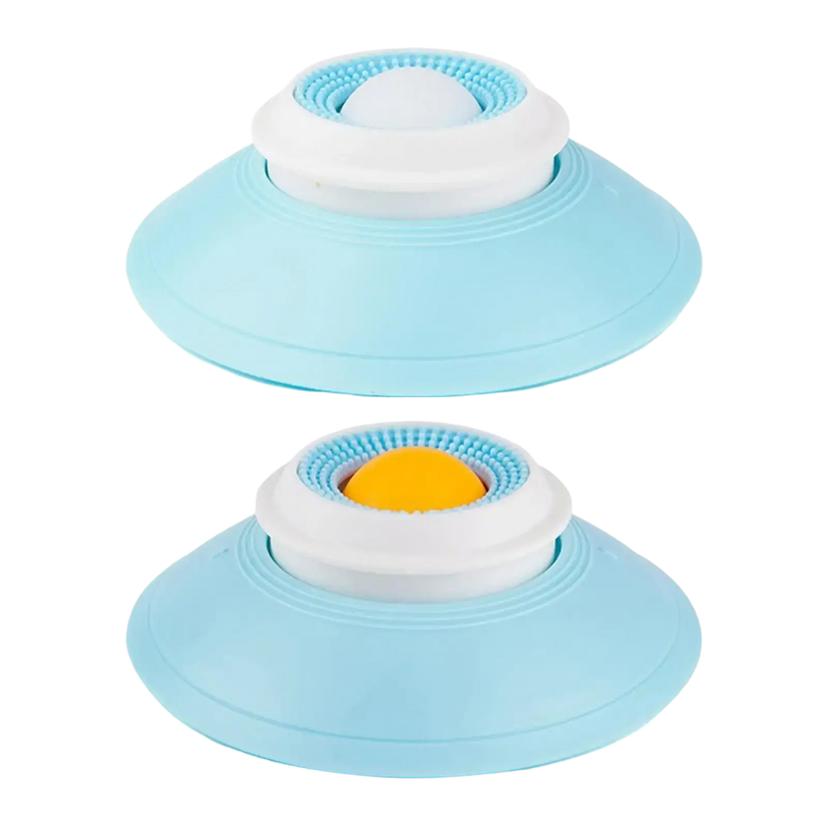 Light blue silicone dog lick toy with white bristles and central yellow spherical scrubber for interactive slow feeding