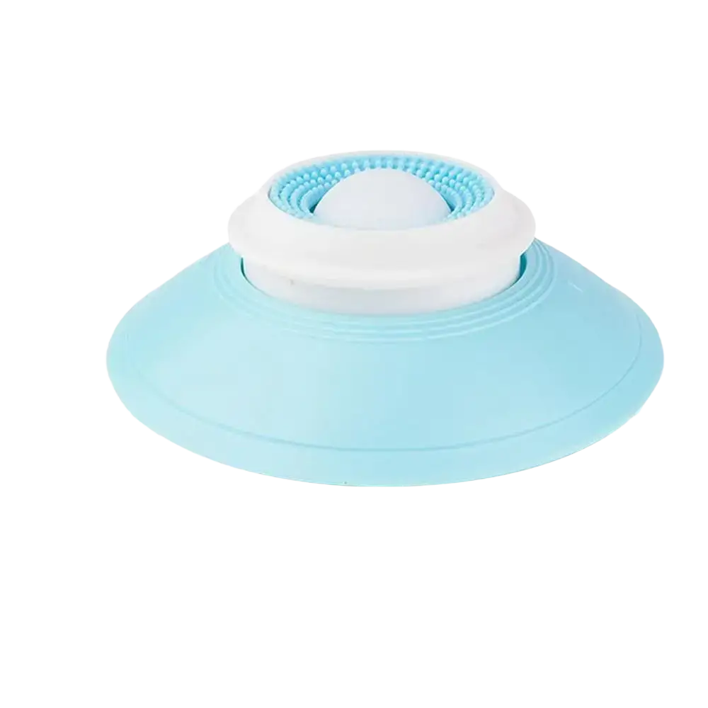 Light blue silicone dog lick toy with white central roller and textured bristles for interactive slow feeding