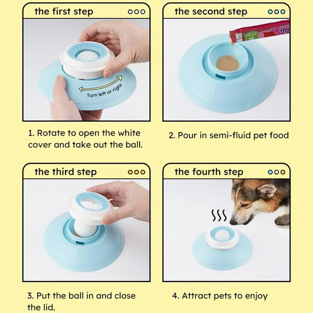 Light blue and white plastic dog lick toy with rotating lid for dispensing semi-fluid food as an interactive slow feeder