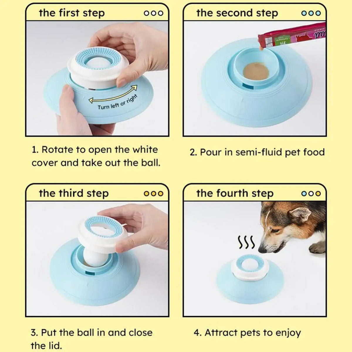Light blue and white plastic dog lick toy with rotating lid for dispensing semi-fluid food as an interactive slow feeder