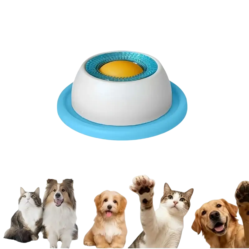 Blue and white dog licking toy slow feeder bowl with textured yellow center for pet spill prevention and interactive feeding