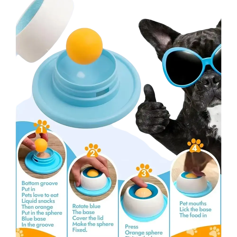 Blue and white plastic dog licking toy with a yellow sphere designed as an interactive slow feeder bowl for dogs