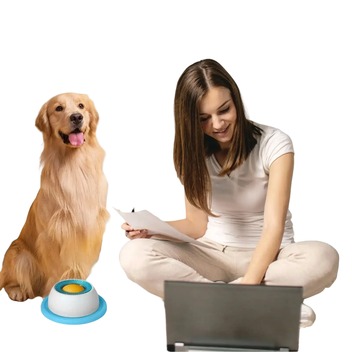 White and blue dog licking toy interactive slow feeder bowl with yellow center designed to engage pets
