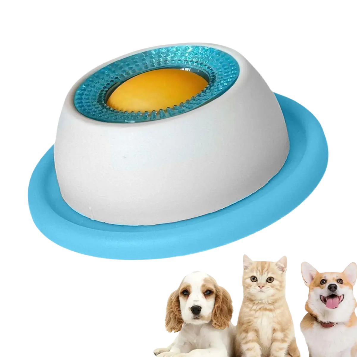 White and blue dog licking toy interactive slow feeder bowl with textured turquoise scrubbing ring around yellow center