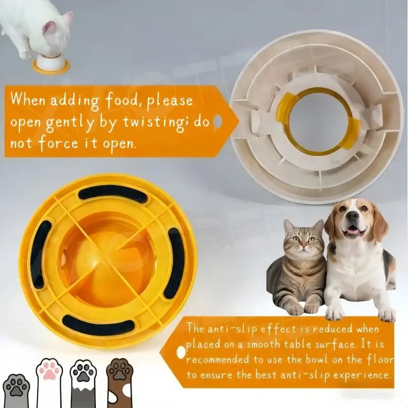 Yellow plastic dog licking toy slow feeder bowl with black rubber grips for interactive dog licking and feeding